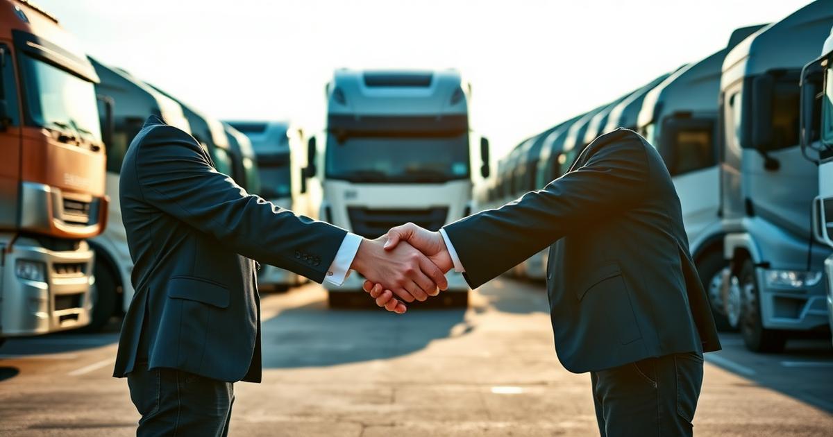 Business handshake in front of a fleet of trucks at a logistics yard