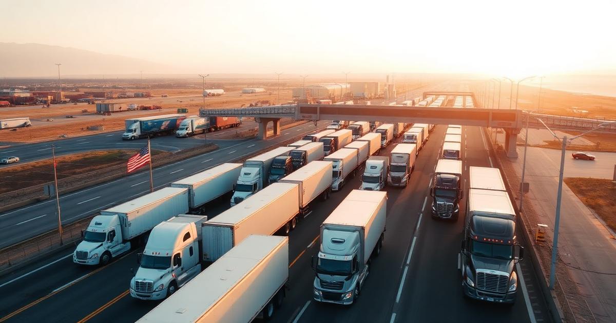 Aerial view of trucks lined up at an international border crossing at sunset
