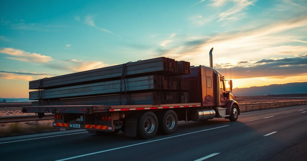 Flatbed truck hauling steel beams on a highway at sunset