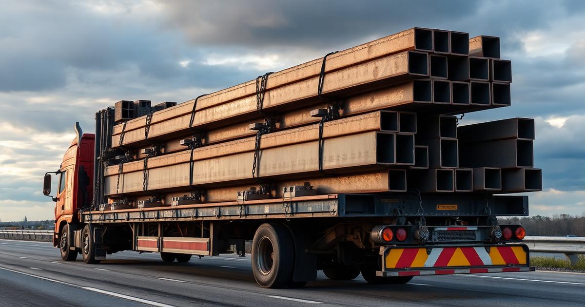 Flatbed truck carrying steel beams secured with chains on a highway