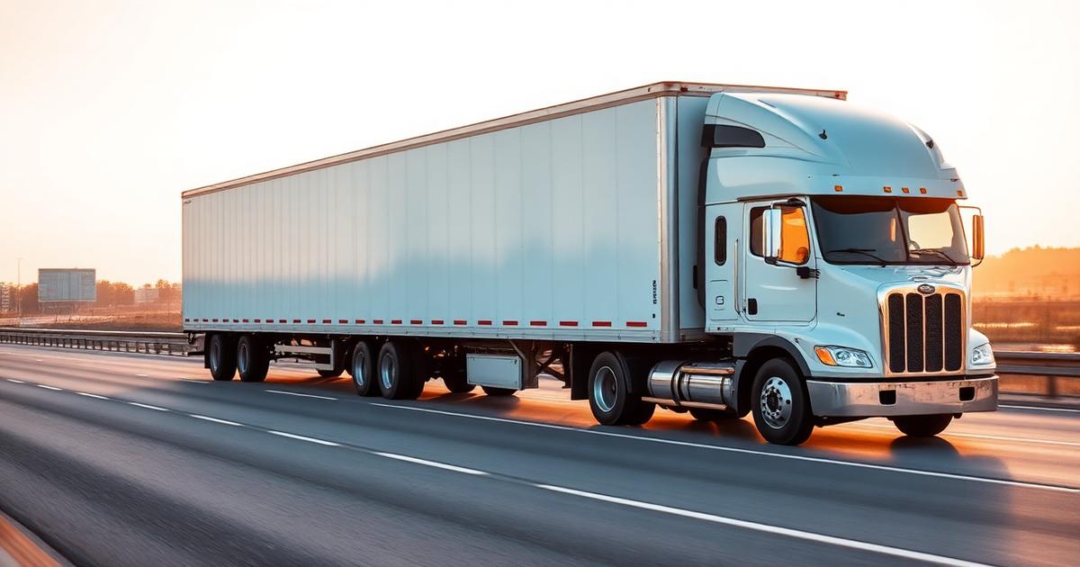 Semi truck with dry van trailer driving on highway at golden hour