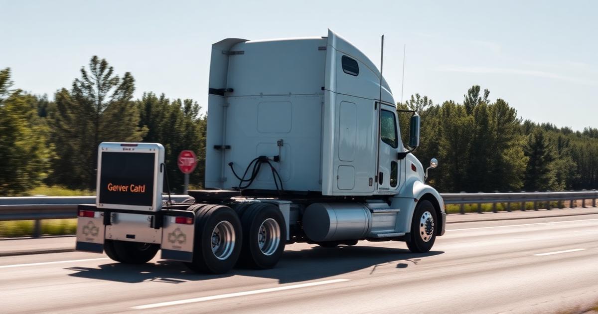 Semi truck tractor driving on a highway without a trailer