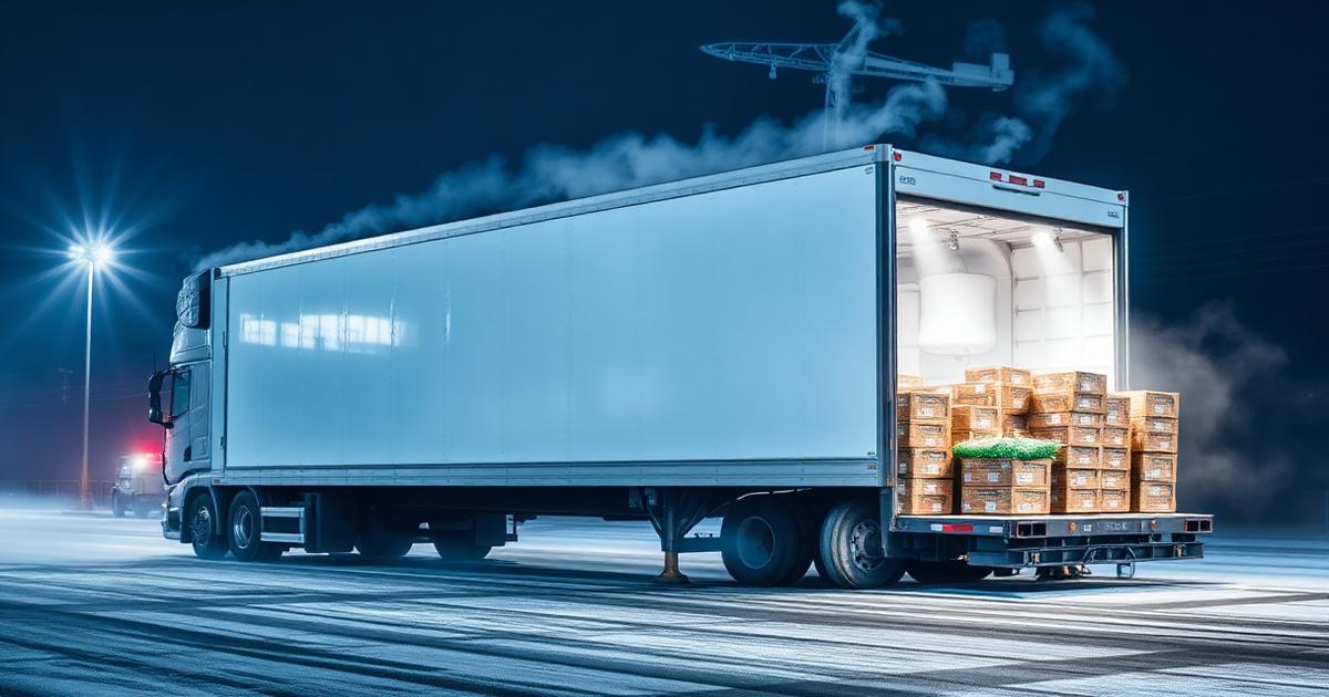Refrigerated reefer truck with cold mist and produce boxes being loaded