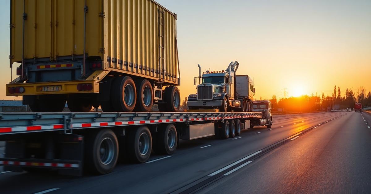Step deck trailer carrying heavy equipment on a highway at sunset